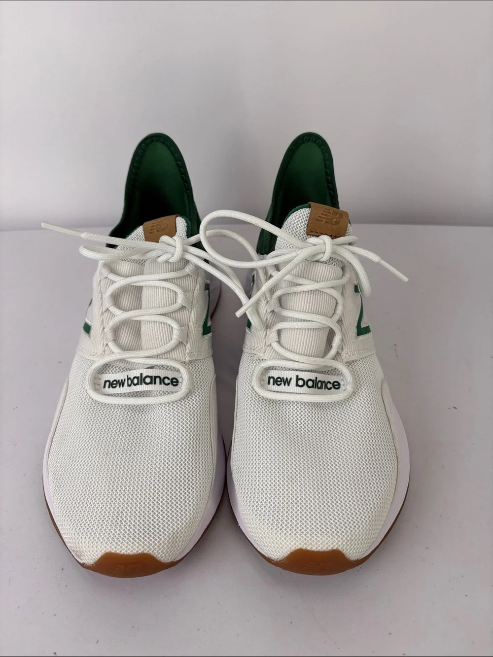 🔔 New Balance White Sneakers with Green Accents and Gum Outsole